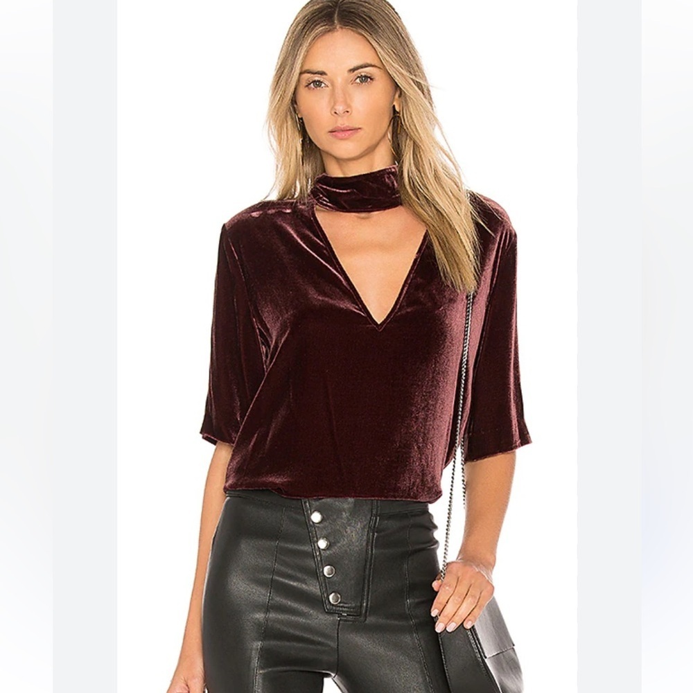 Theory Velvet Choker Neck Cut-Out Blouse Sz S Dark Currant